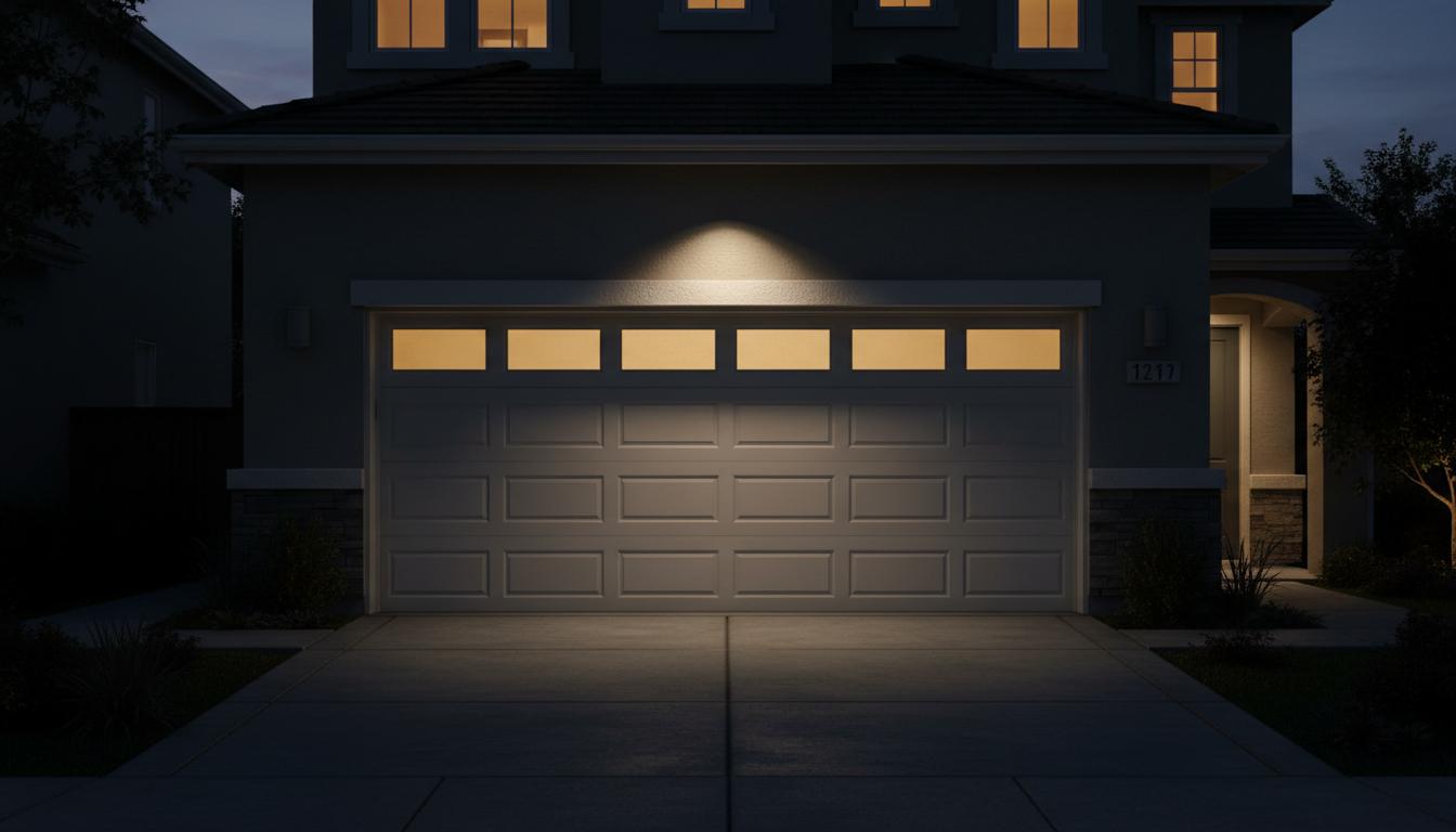 Modern garage door opening to reveal a workshop